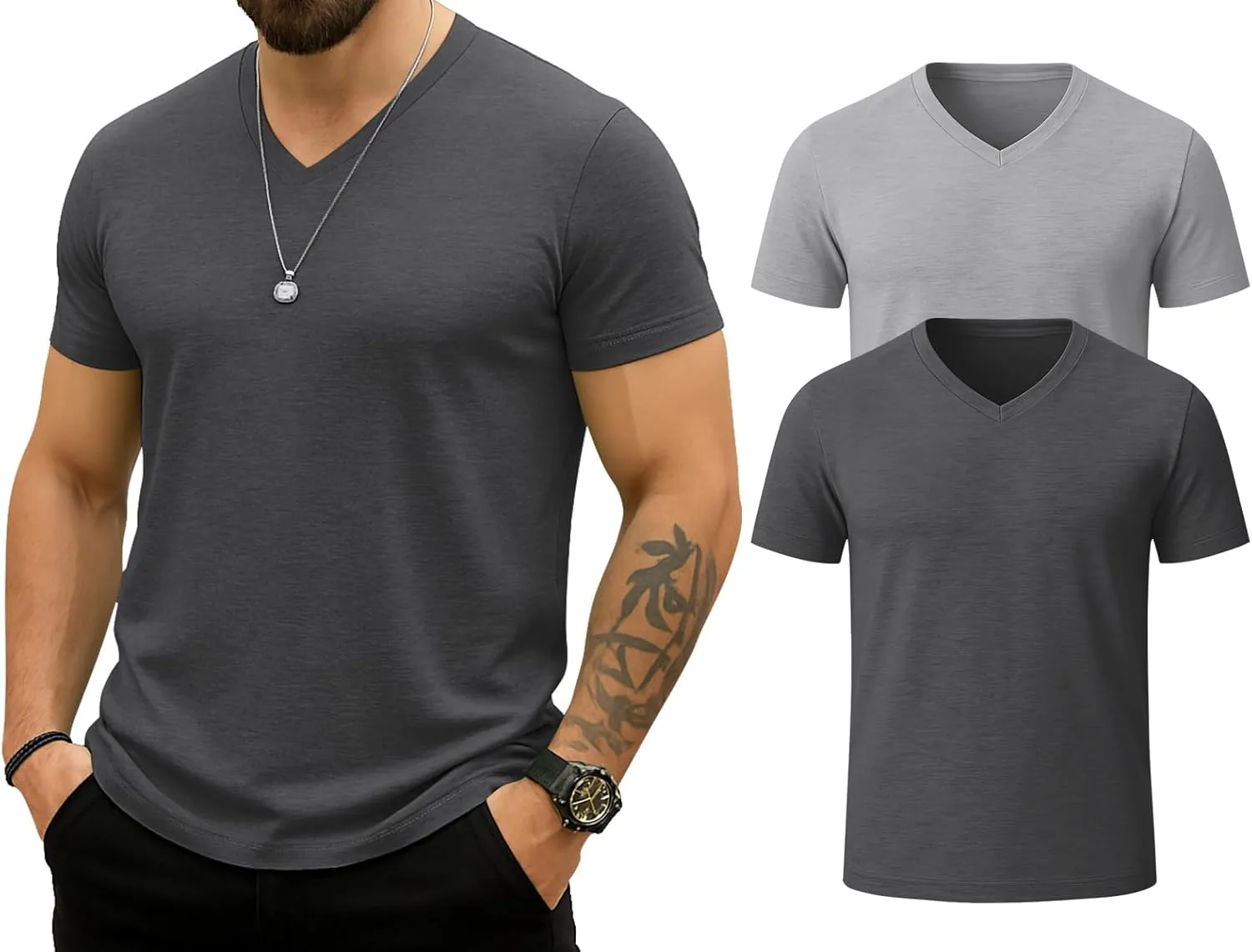 KESIHAN Men's T Shirts V Neck 2 Pack Tees Breathable Everyday Essential Casual Tops