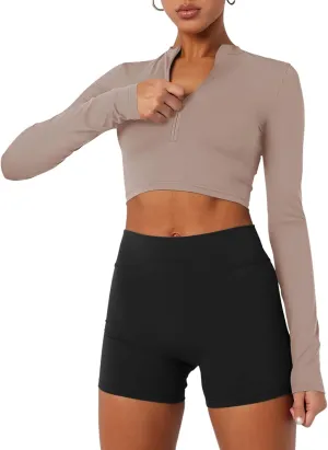 LASLULU Womens Cropped Jackets Half Zip Long Sleeve Seamless Workout Sweatshirts Lightweight Casual Tops