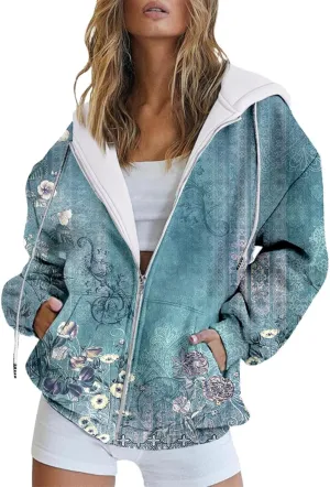 LCMTWX Fashion Autumn Butterfly Gradient Print Casual Pockets Long Sleeve Jacket Cute Drawstring Hoodie Zipper Women's
