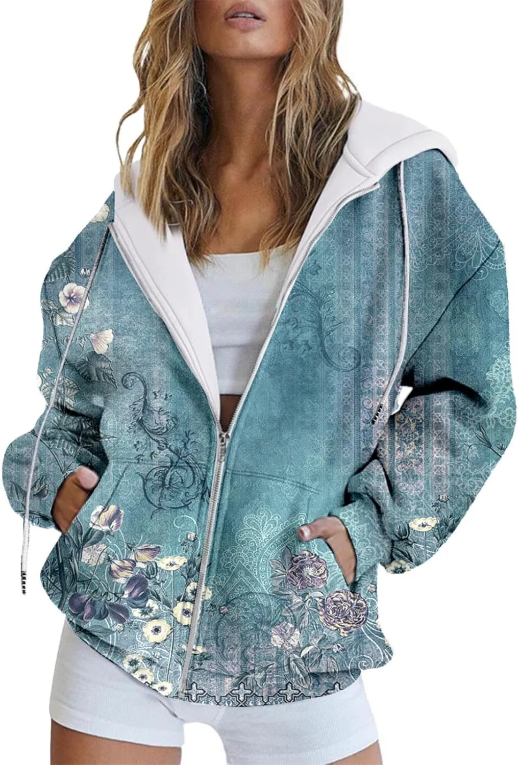 LCMTWX Fashion Autumn Butterfly Gradient Print Casual Pockets Long Sleeve Jacket Cute Drawstring Hoodie Zipper Women's
