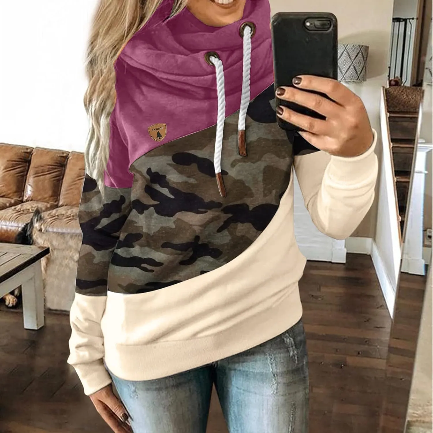 LCMTWX Sleeve Casual Hoodie Splice Contrast Long Sweatshirt Solid Strap Women Tops Women's Hoodies Sweatshirts Petite