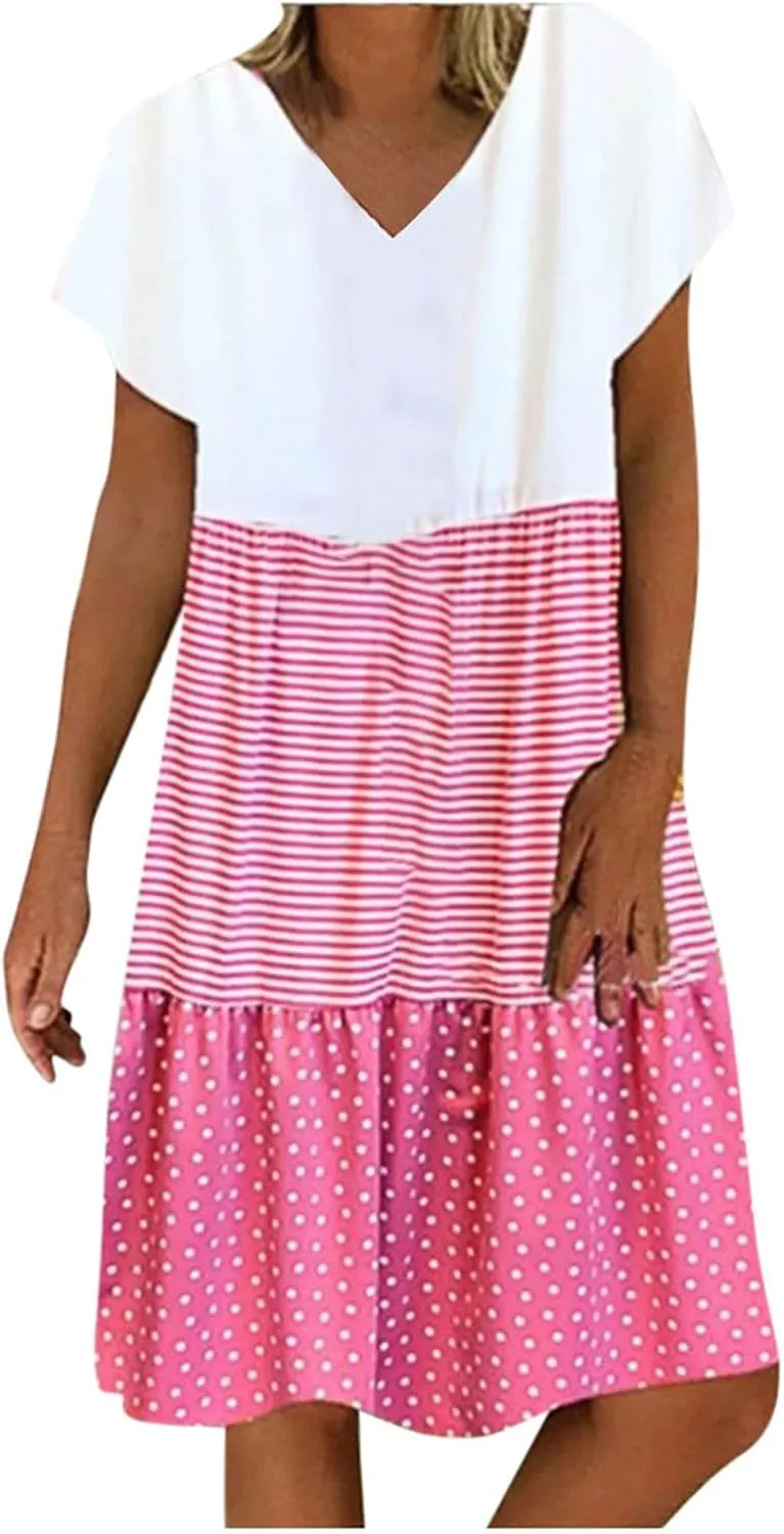 LEMONONSTORE Summer Dress for Women Trendy Striped Color Block Babydoll Sundress Short Sleeve V Neck Ruffle Swing Dresses