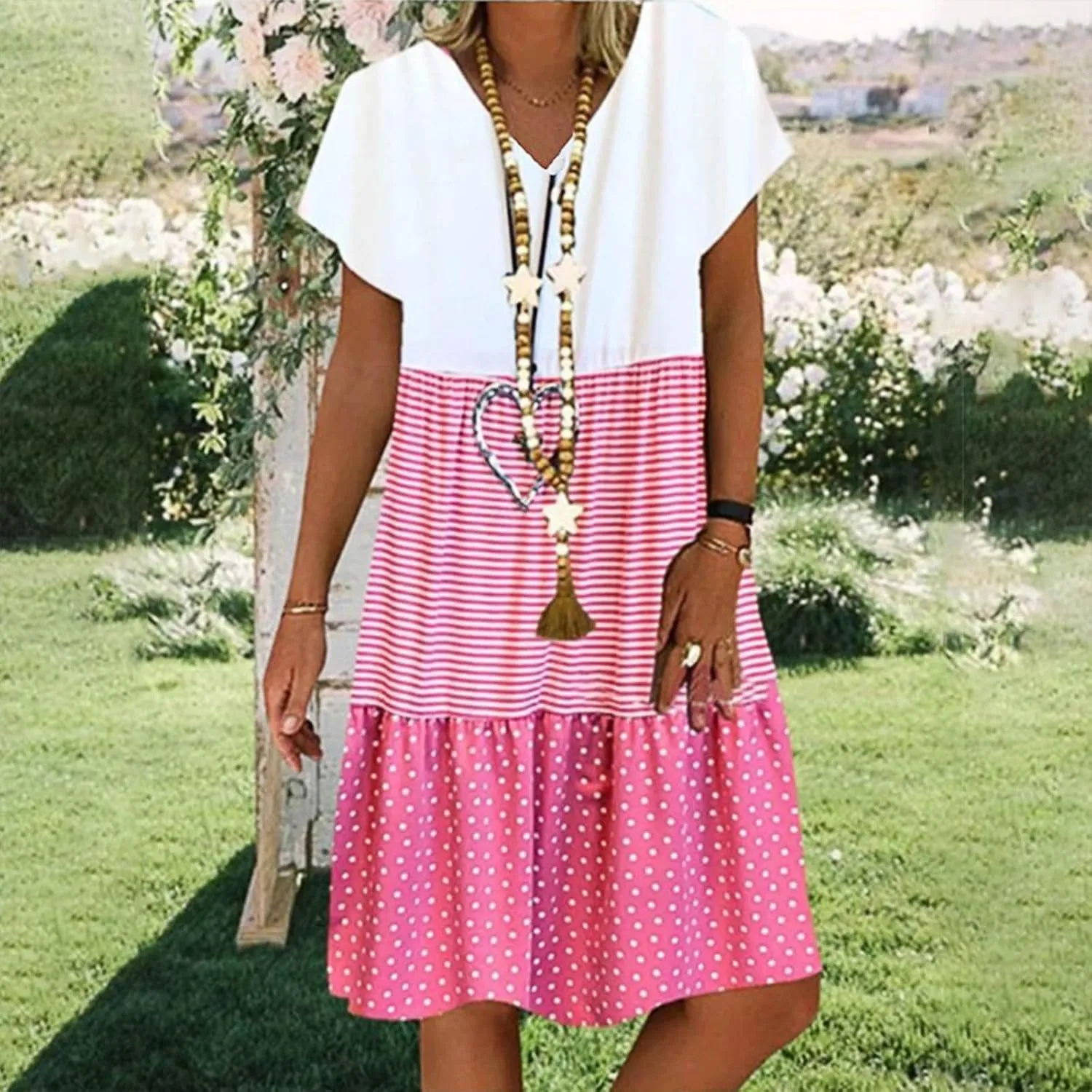 LEMONONSTORE Summer Dress for Women Trendy Striped Color Block Babydoll Sundress Short Sleeve V Neck Ruffle Swing Dresses