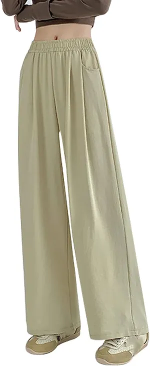 Lightweight Pants for Women Trendy Casual Elastic High Waisted Straight Leg Long Pants Lounge Trousers with Pockets