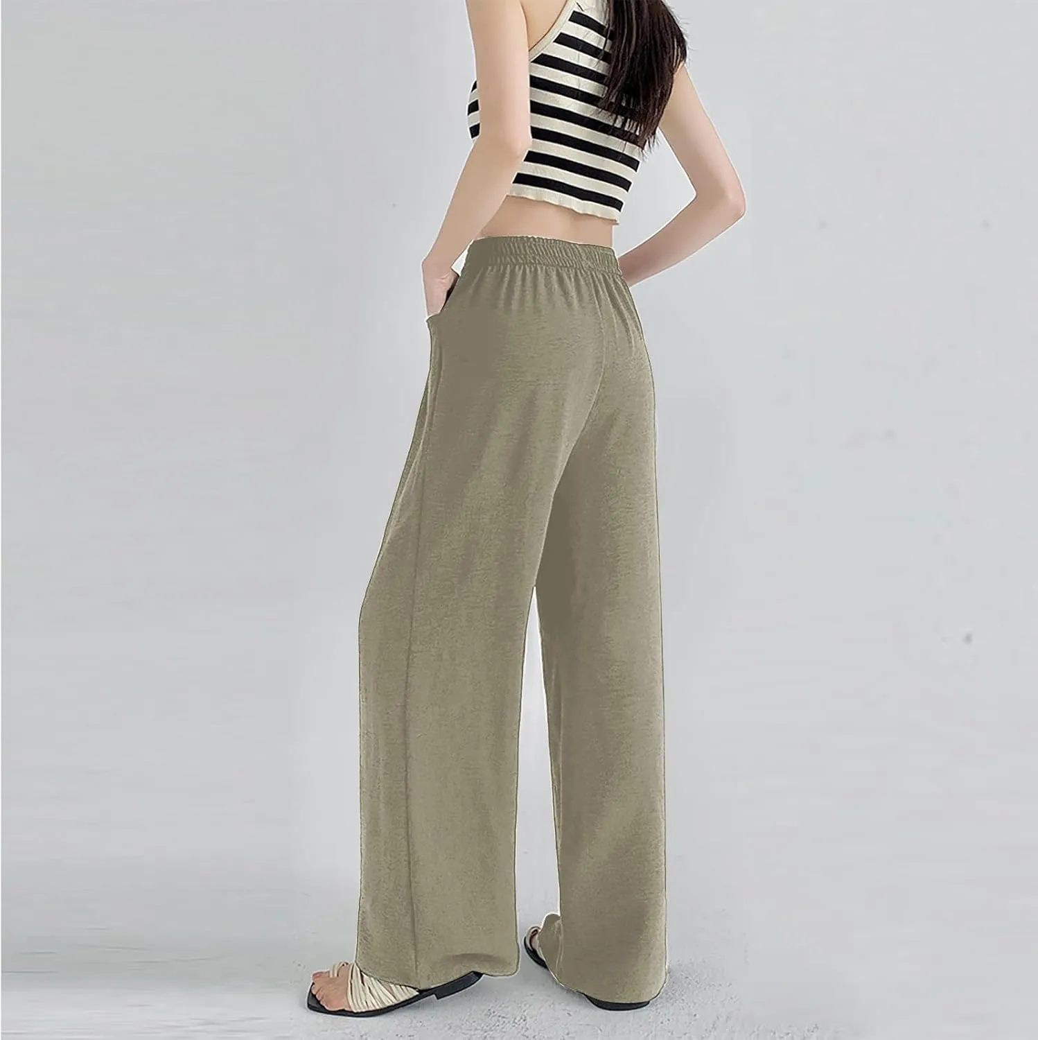 Lightweight Pants for Women Trendy Casual Elastic High Waisted Straight Leg Long Pants Lounge Trousers with Pockets