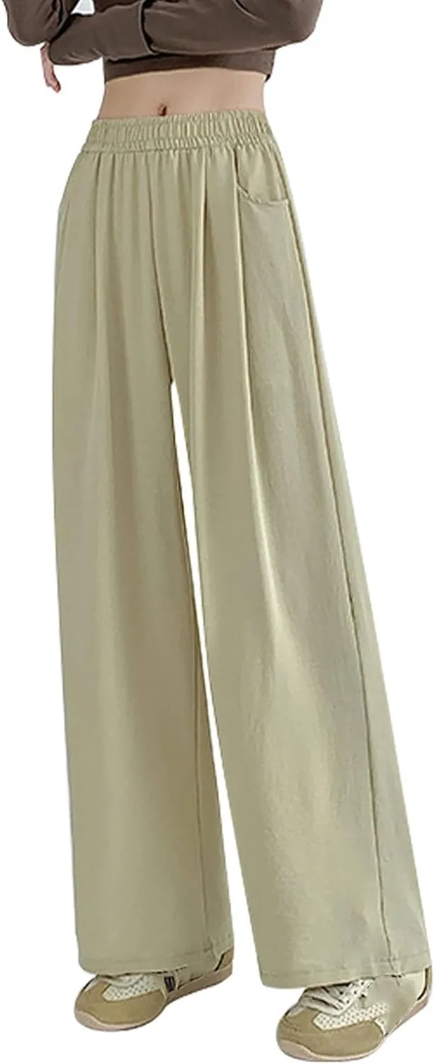 Lightweight Pants for Women Trendy Casual Elastic High Waisted Straight Leg Long Pants Lounge Trousers with Pockets