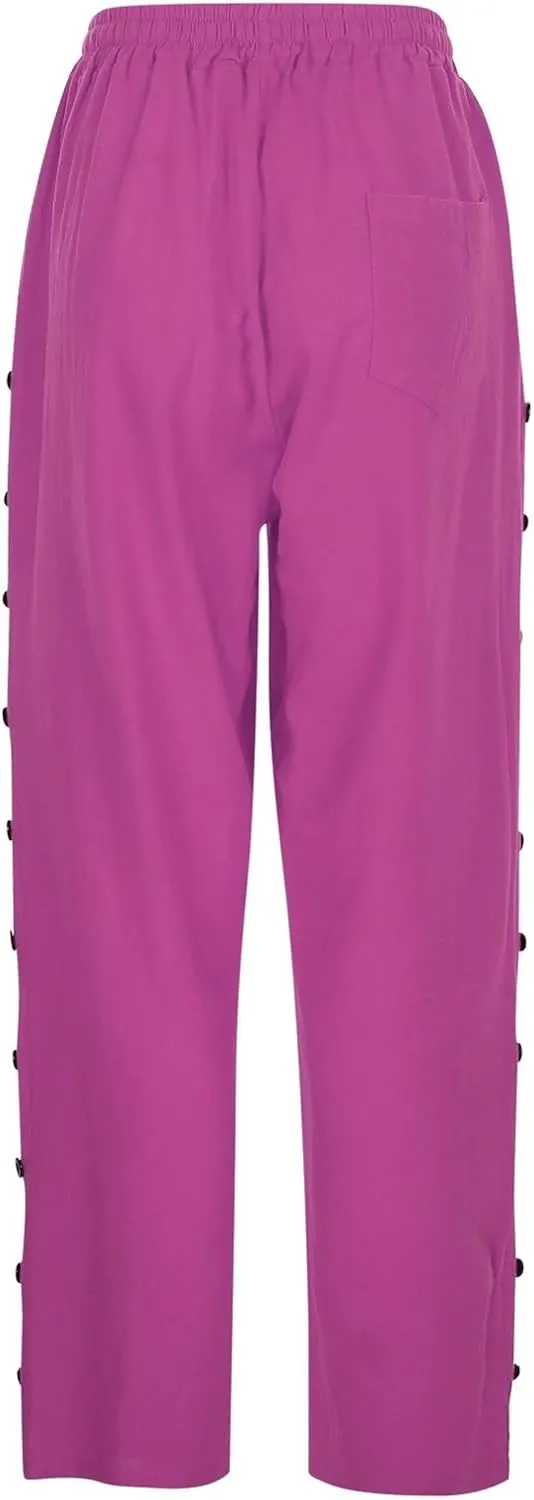 Linen Capris for Women Elastic Waisted Drawstring Capri Pants with Pockets Side Button Casual Summer Cropped Pants