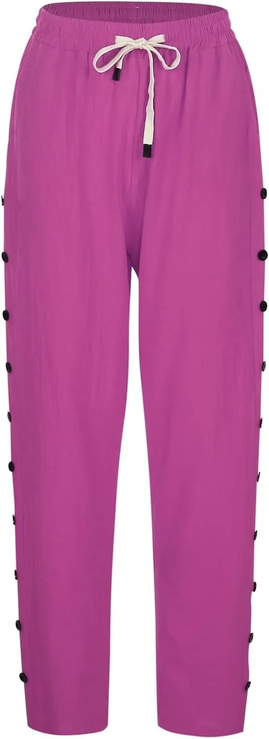 Linen Capris for Women Elastic Waisted Drawstring Capri Pants with Pockets Side Button Casual Summer Cropped Pants