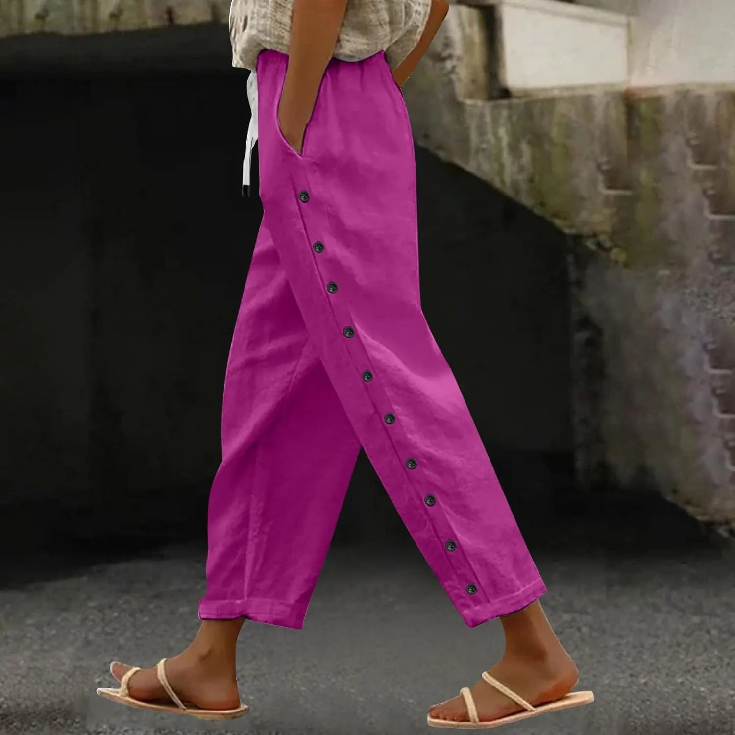 Linen Capris for Women Elastic Waisted Drawstring Capri Pants with Pockets Side Button Casual Summer Cropped Pants