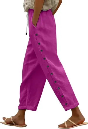 Linen Capris for Women Elastic Waisted Drawstring Capri Pants with Pockets Side Button Casual Summer Cropped Pants