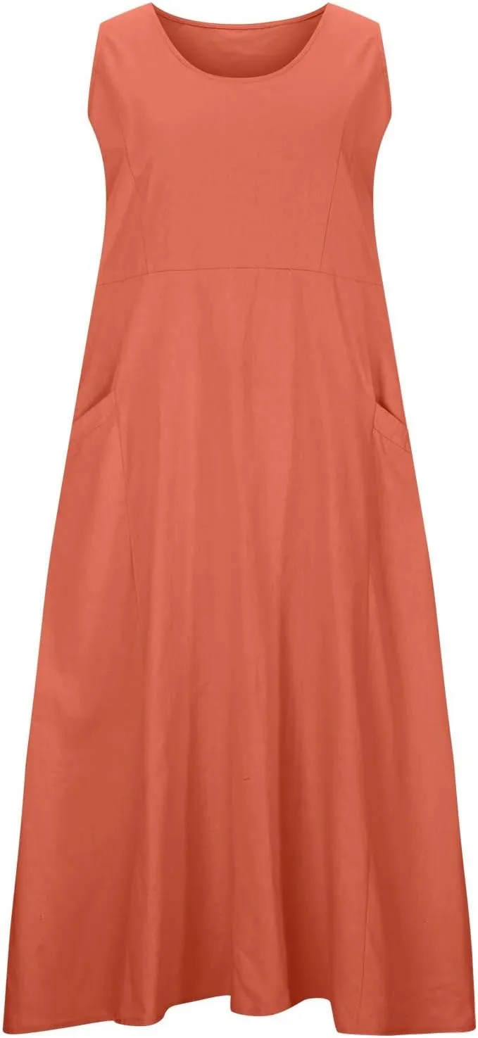 Linen Dress for Women 2025 Casual Plus Size Sleeveless Scoop Neck Maxi Dresses Summer Beach Vacation Dresses with Pockets
