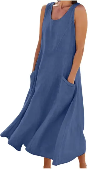 Linen Dress for Women 2025 Casual Plus Size Sleeveless Scoop Neck Maxi Dresses Summer Beach Vacation Dresses with Pockets
