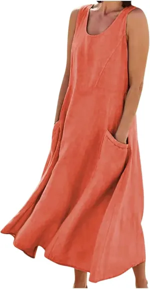 Linen Dress for Women 2025 Casual Plus Size Sleeveless Scoop Neck Maxi Dresses Summer Beach Vacation Dresses with Pockets