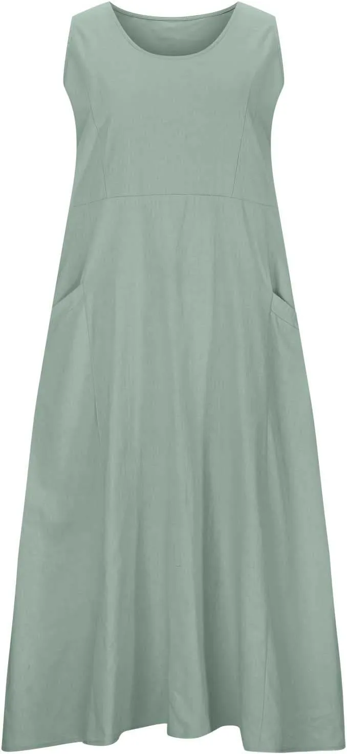 Linen Dress for Women 2025 Casual Plus Size Sleeveless Scoop Neck Maxi Dresses Summer Beach Vacation Dresses with Pockets