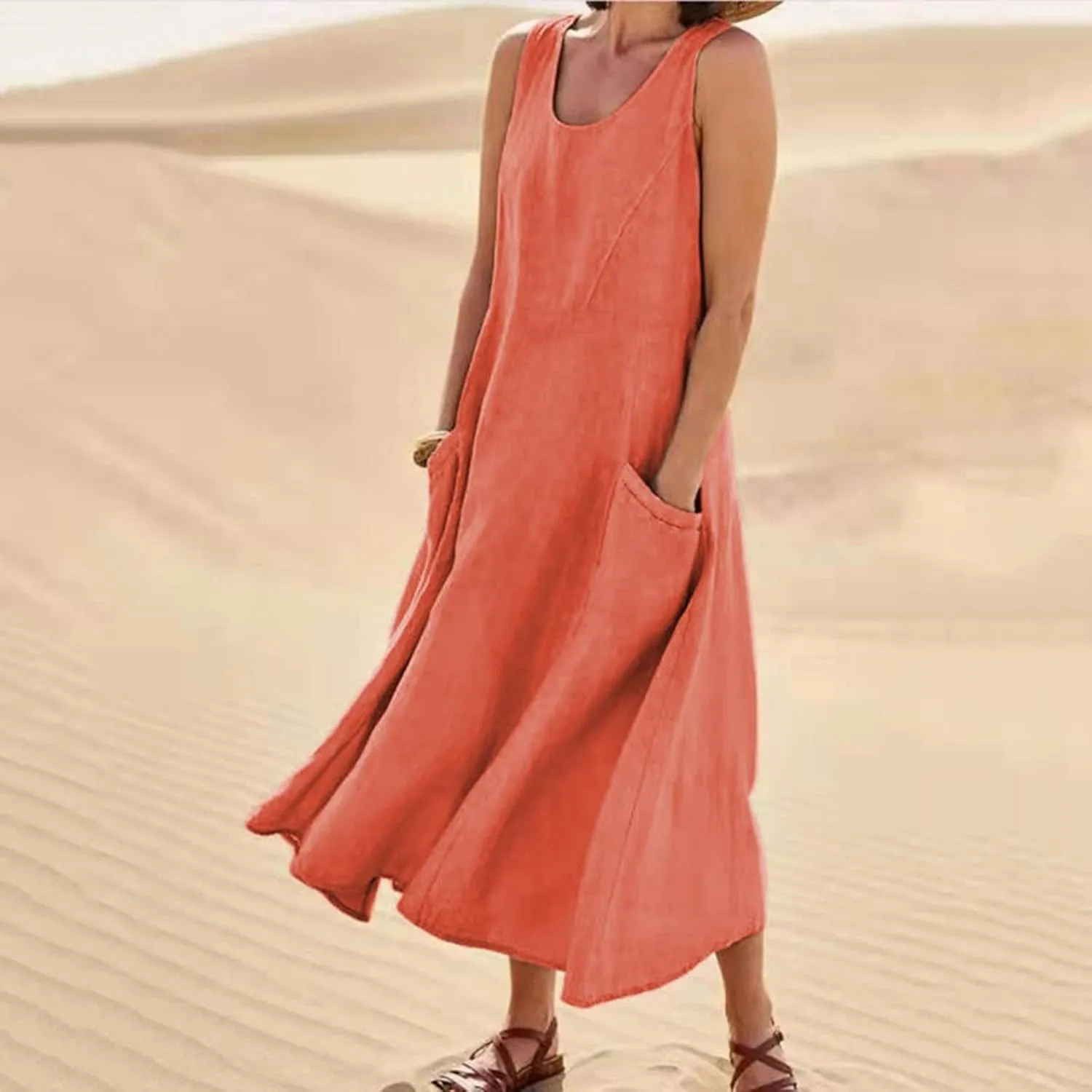 Linen Dress for Women 2025 Casual Plus Size Sleeveless Scoop Neck Maxi Dresses Summer Beach Vacation Dresses with Pockets