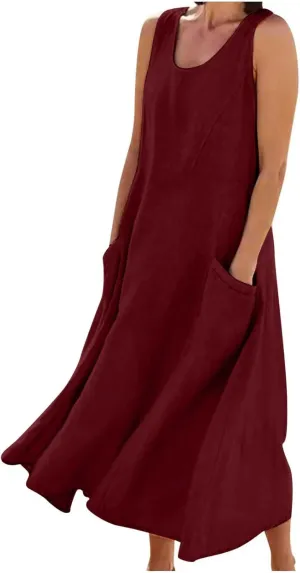 Linen Dress for Women 2025 Casual Plus Size Sleeveless Scoop Neck Maxi Dresses Summer Beach Vacation Dresses with Pockets