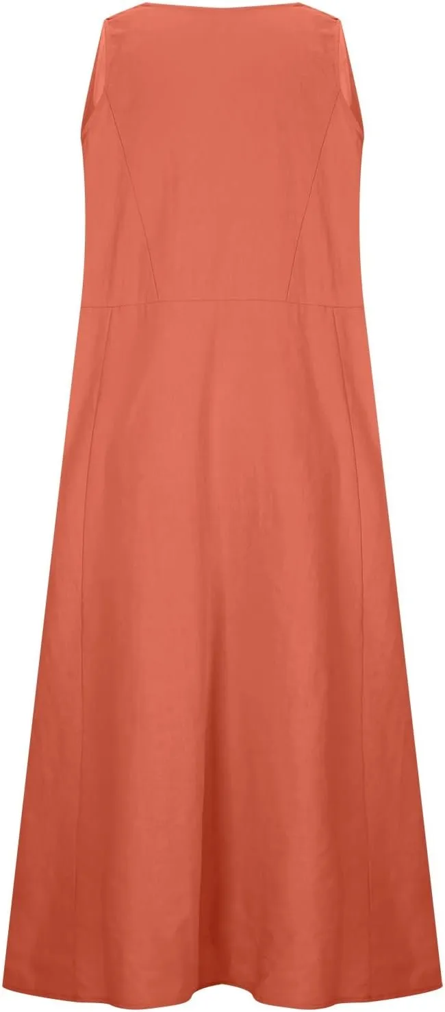 Linen Dress for Women 2025 Casual Plus Size Sleeveless Scoop Neck Maxi Dresses Summer Beach Vacation Dresses with Pockets