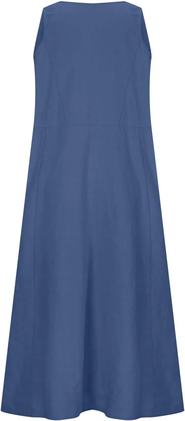 Linen Dress for Women 2025 Casual Plus Size Sleeveless Scoop Neck Maxi Dresses Summer Beach Vacation Dresses with Pockets