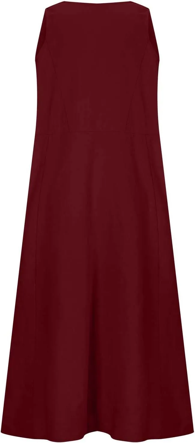 Linen Dress for Women 2025 Casual Plus Size Sleeveless Scoop Neck Maxi Dresses Summer Beach Vacation Dresses with Pockets