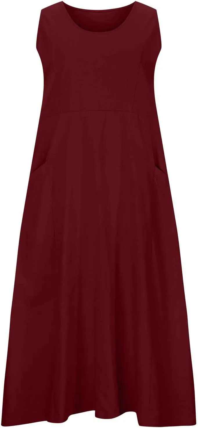 Linen Dress for Women 2025 Casual Plus Size Sleeveless Scoop Neck Maxi Dresses Summer Beach Vacation Dresses with Pockets