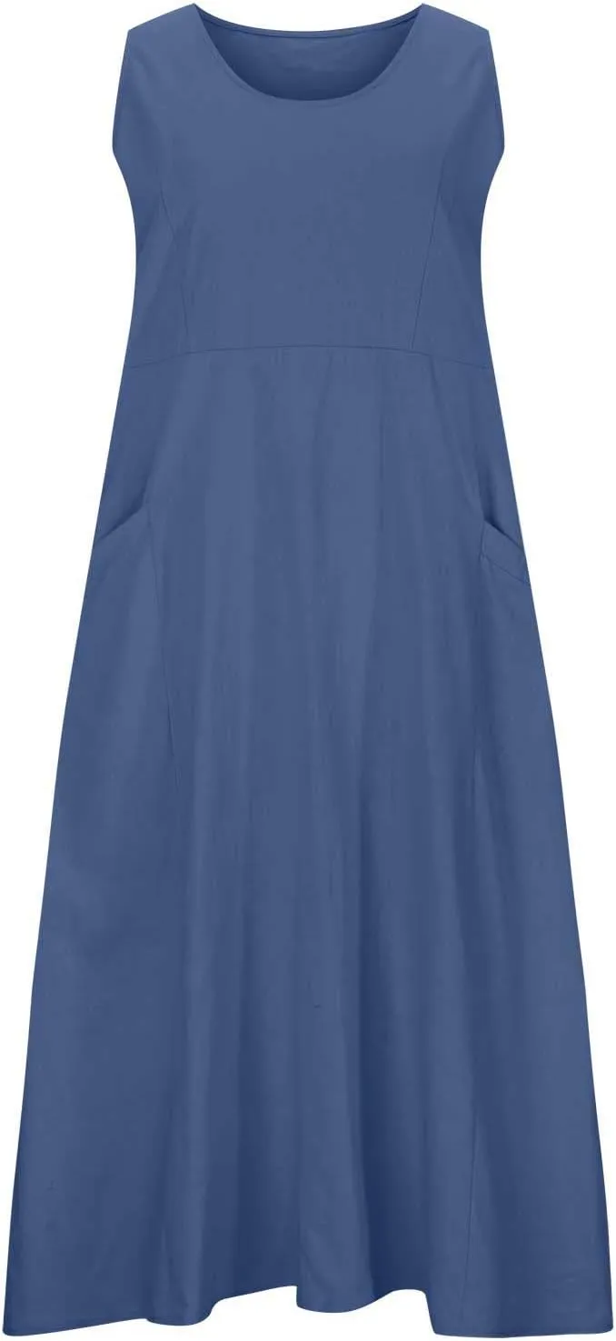 Linen Dress for Women 2025 Casual Plus Size Sleeveless Scoop Neck Maxi Dresses Summer Beach Vacation Dresses with Pockets