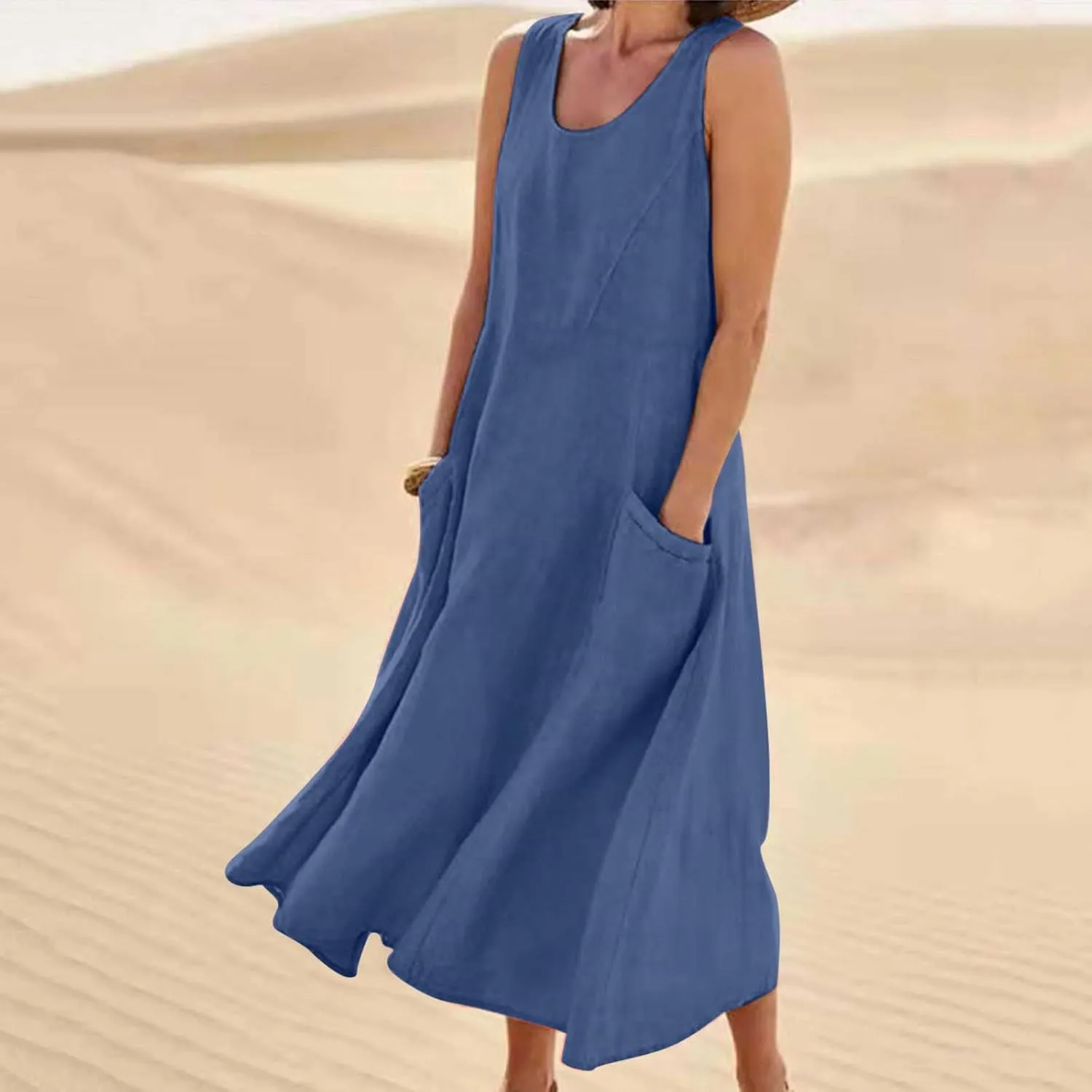 Linen Dress for Women 2025 Casual Plus Size Sleeveless Scoop Neck Maxi Dresses Summer Beach Vacation Dresses with Pockets