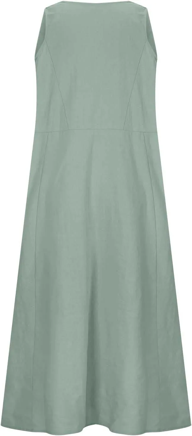 Linen Dress for Women 2025 Casual Plus Size Sleeveless Scoop Neck Maxi Dresses Summer Beach Vacation Dresses with Pockets