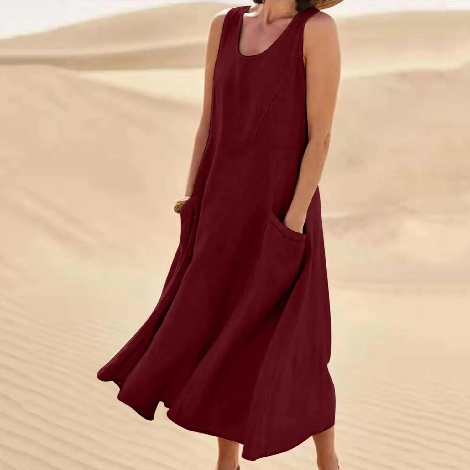 Linen Dress for Women 2025 Casual Plus Size Sleeveless Scoop Neck Maxi Dresses Summer Beach Vacation Dresses with Pockets