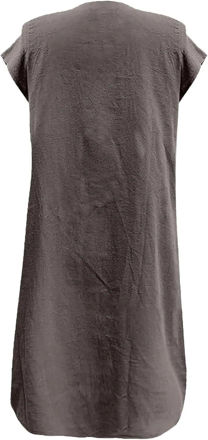 Linen Dress for Women Round Neck Short Sleeve Knee Length Sundress Pleated Summer Beach Vacation Casual Dresses 2025