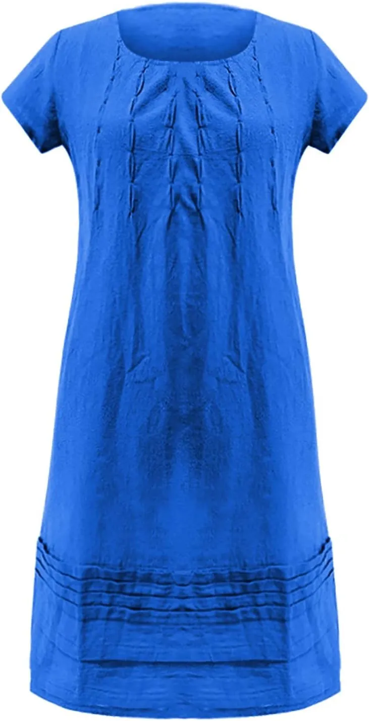 Linen Dress for Women Round Neck Short Sleeve Knee Length Sundress Pleated Summer Beach Vacation Casual Dresses 2025