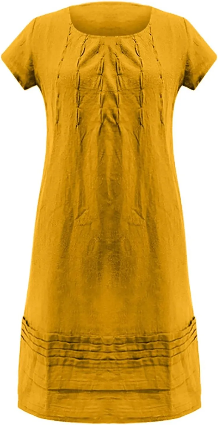 Linen Dress for Women Round Neck Short Sleeve Knee Length Sundress Pleated Summer Beach Vacation Casual Dresses 2025