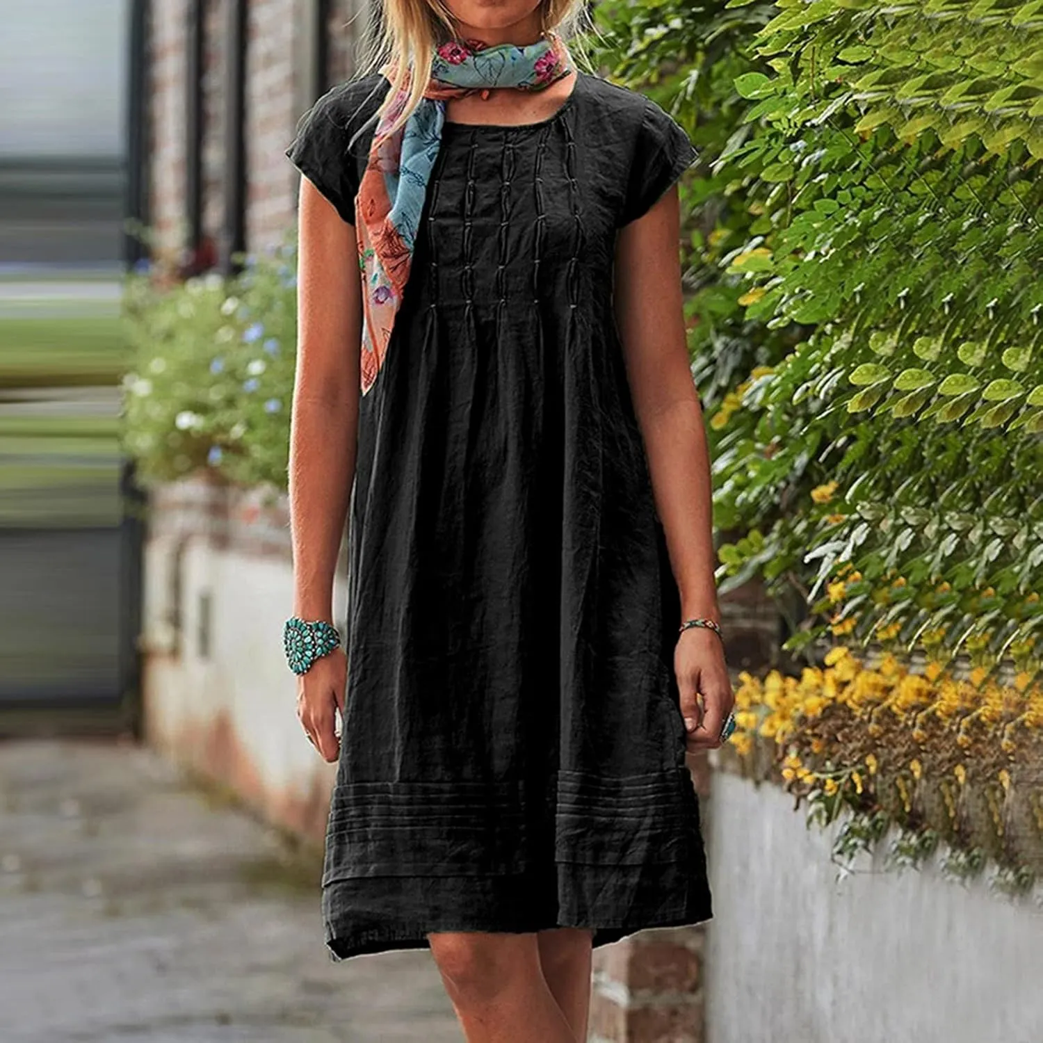 Linen Dress for Women Round Neck Short Sleeve Knee Length Sundress Pleated Summer Beach Vacation Casual Dresses 2025