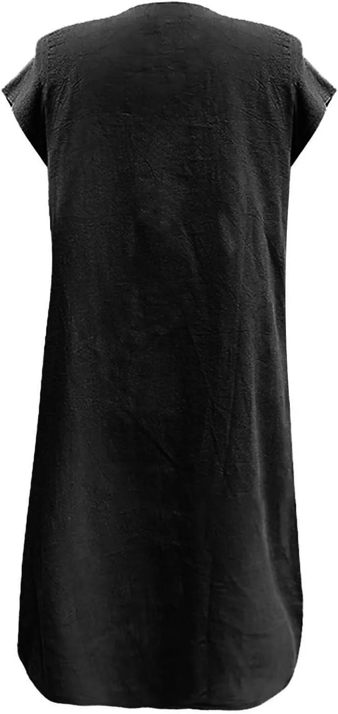 Linen Dress for Women Round Neck Short Sleeve Knee Length Sundress Pleated Summer Beach Vacation Casual Dresses 2025