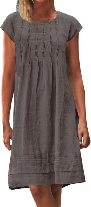 Linen Dress for Women Round Neck Short Sleeve Knee Length Sundress Pleated Summer Beach Vacation Casual Dresses 2025