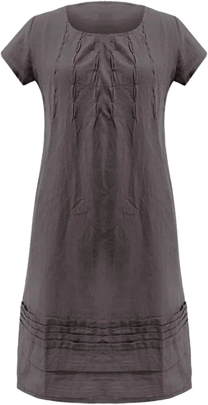Linen Dress for Women Round Neck Short Sleeve Knee Length Sundress Pleated Summer Beach Vacation Casual Dresses 2025