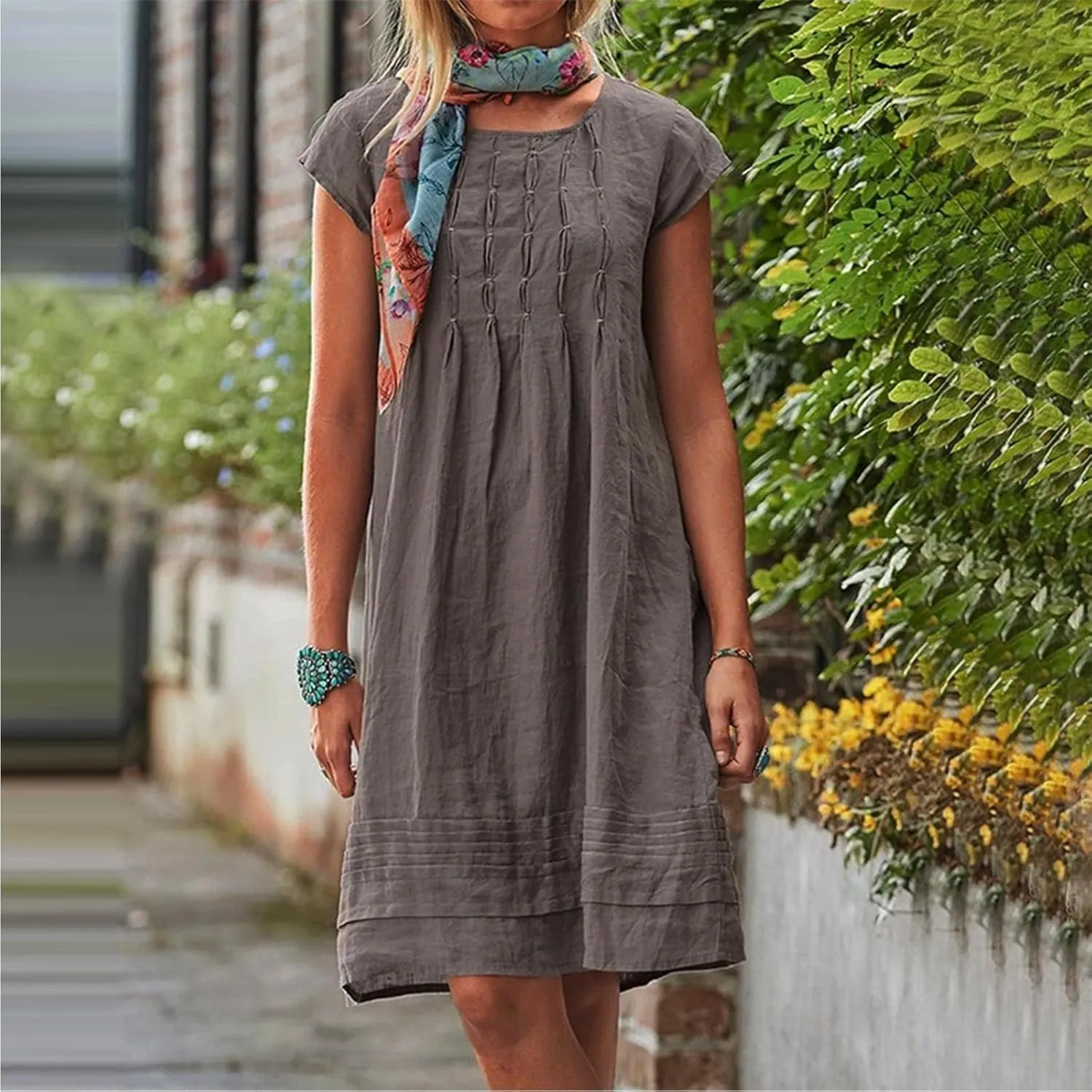 Linen Dress for Women Round Neck Short Sleeve Knee Length Sundress Pleated Summer Beach Vacation Casual Dresses 2025