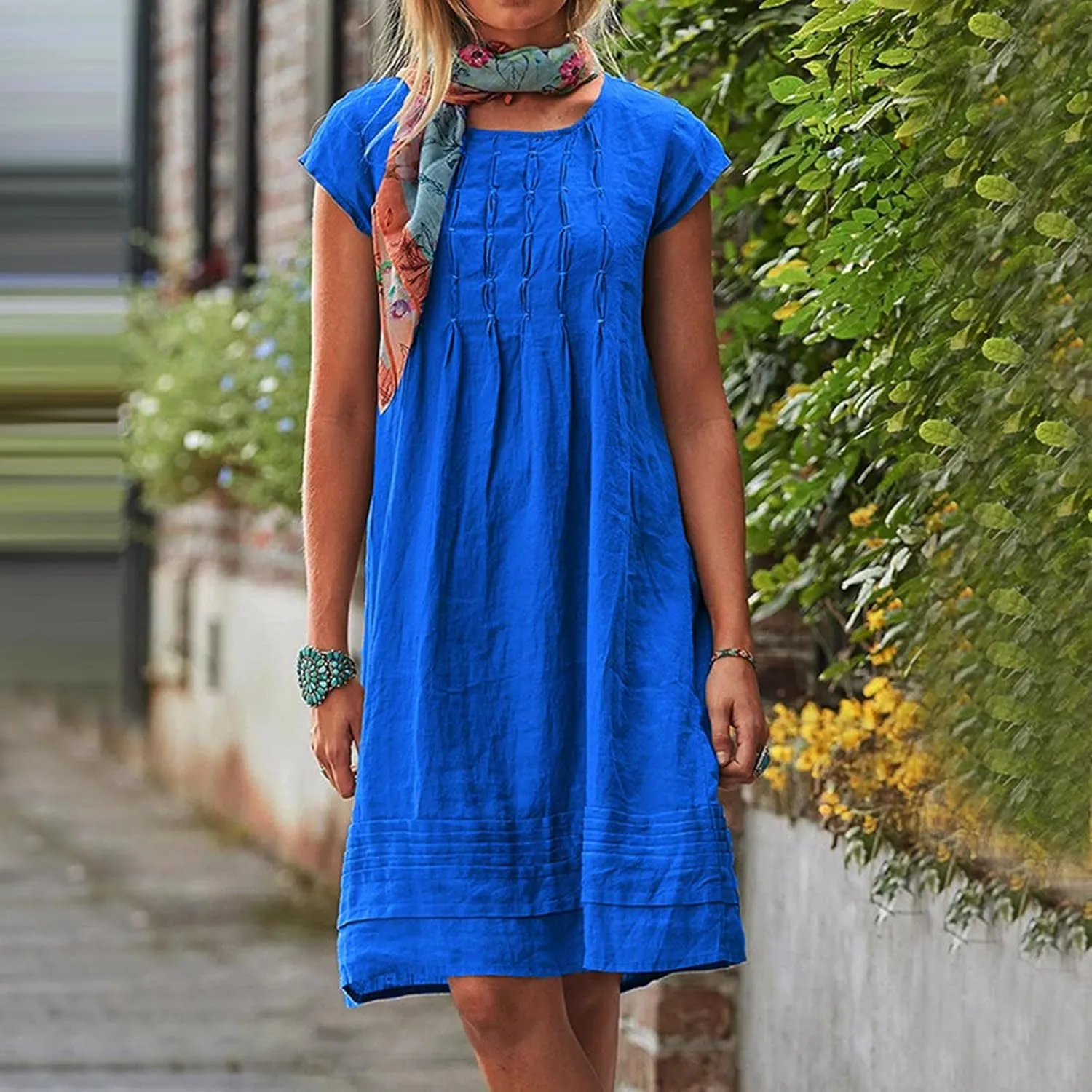 Linen Dress for Women Round Neck Short Sleeve Knee Length Sundress Pleated Summer Beach Vacation Casual Dresses 2025