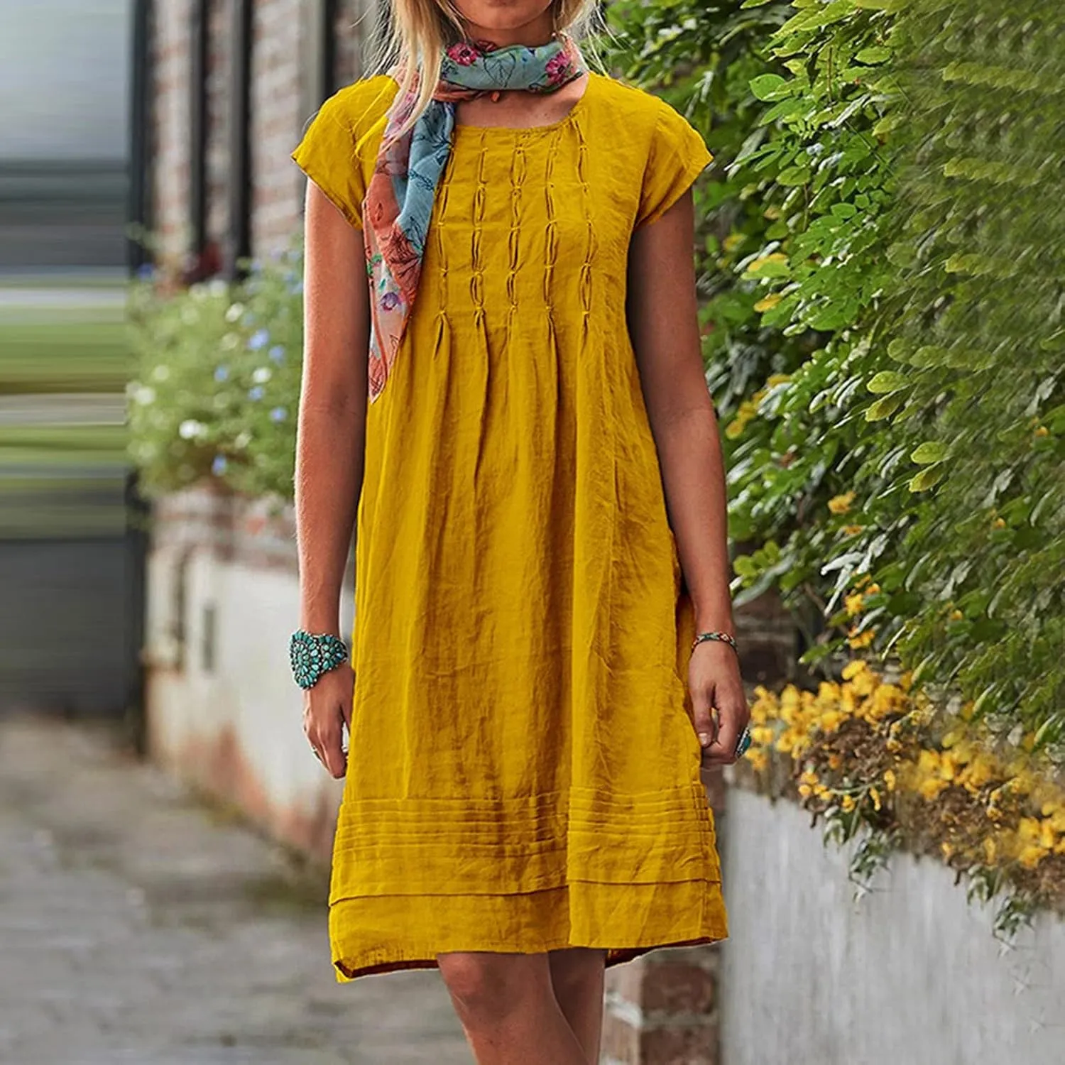 Linen Dress for Women Round Neck Short Sleeve Knee Length Sundress Pleated Summer Beach Vacation Casual Dresses 2025