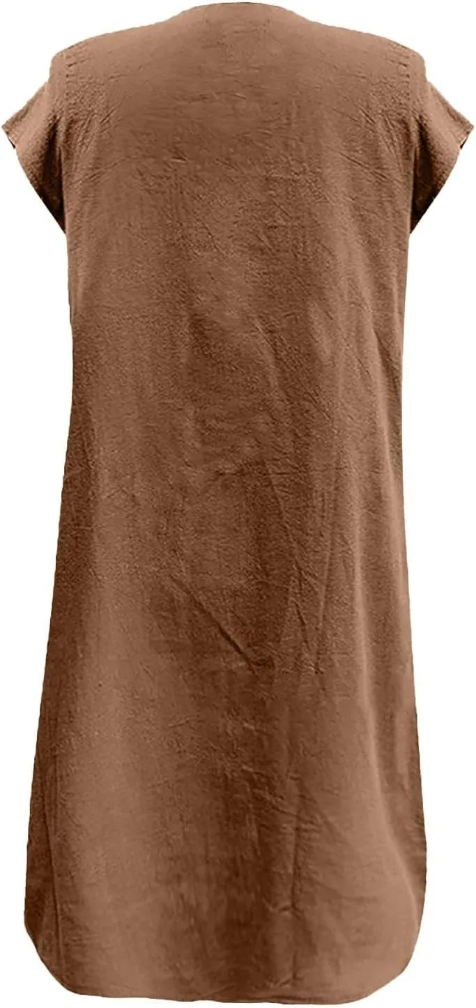 Linen Dress for Women Round Neck Short Sleeve Knee Length Sundress Pleated Summer Beach Vacation Casual Dresses 2025