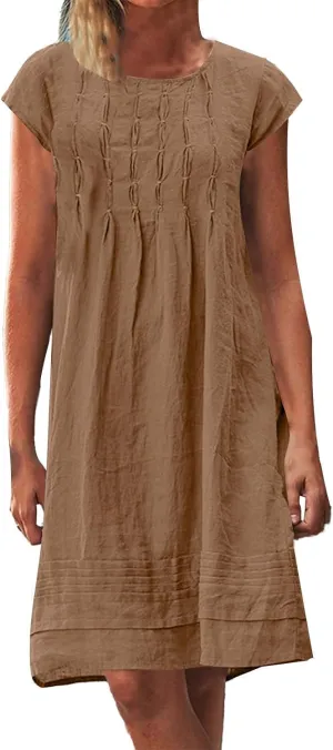 Linen Dress for Women Round Neck Short Sleeve Knee Length Sundress Pleated Summer Beach Vacation Casual Dresses 2025