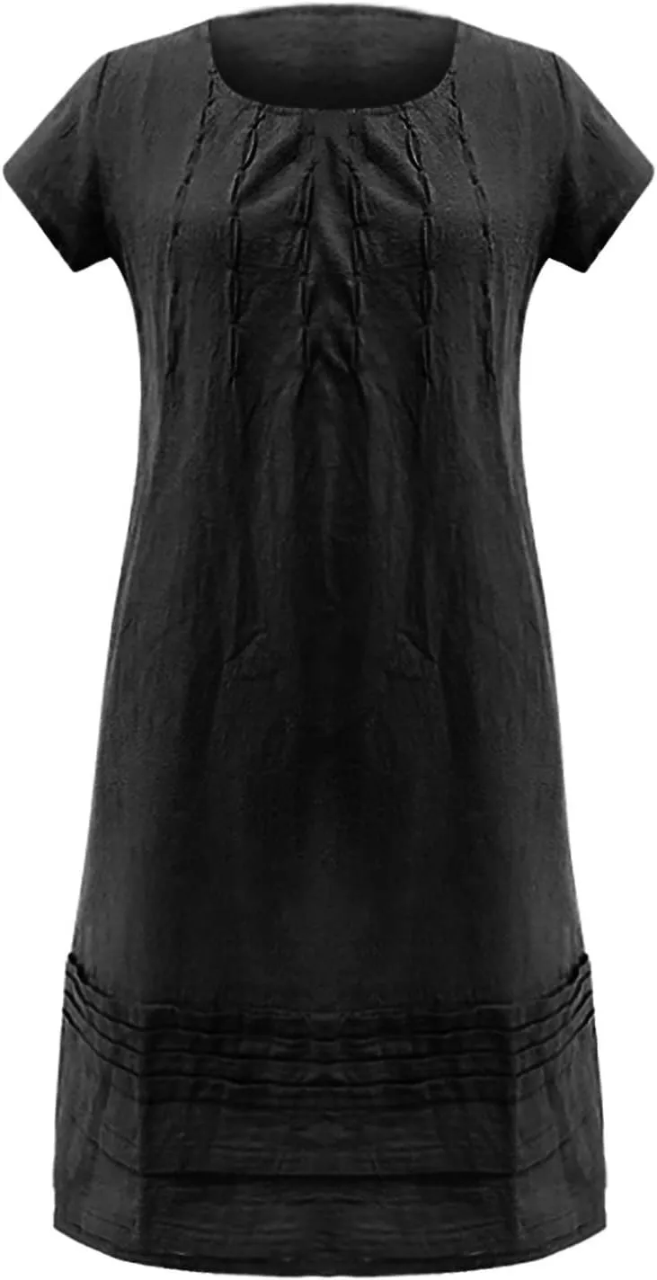 Linen Dress for Women Round Neck Short Sleeve Knee Length Sundress Pleated Summer Beach Vacation Casual Dresses 2025