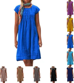 Linen Dress for Women Round Neck Short Sleeve Knee Length Sundress Pleated Summer Beach Vacation Casual Dresses 2025