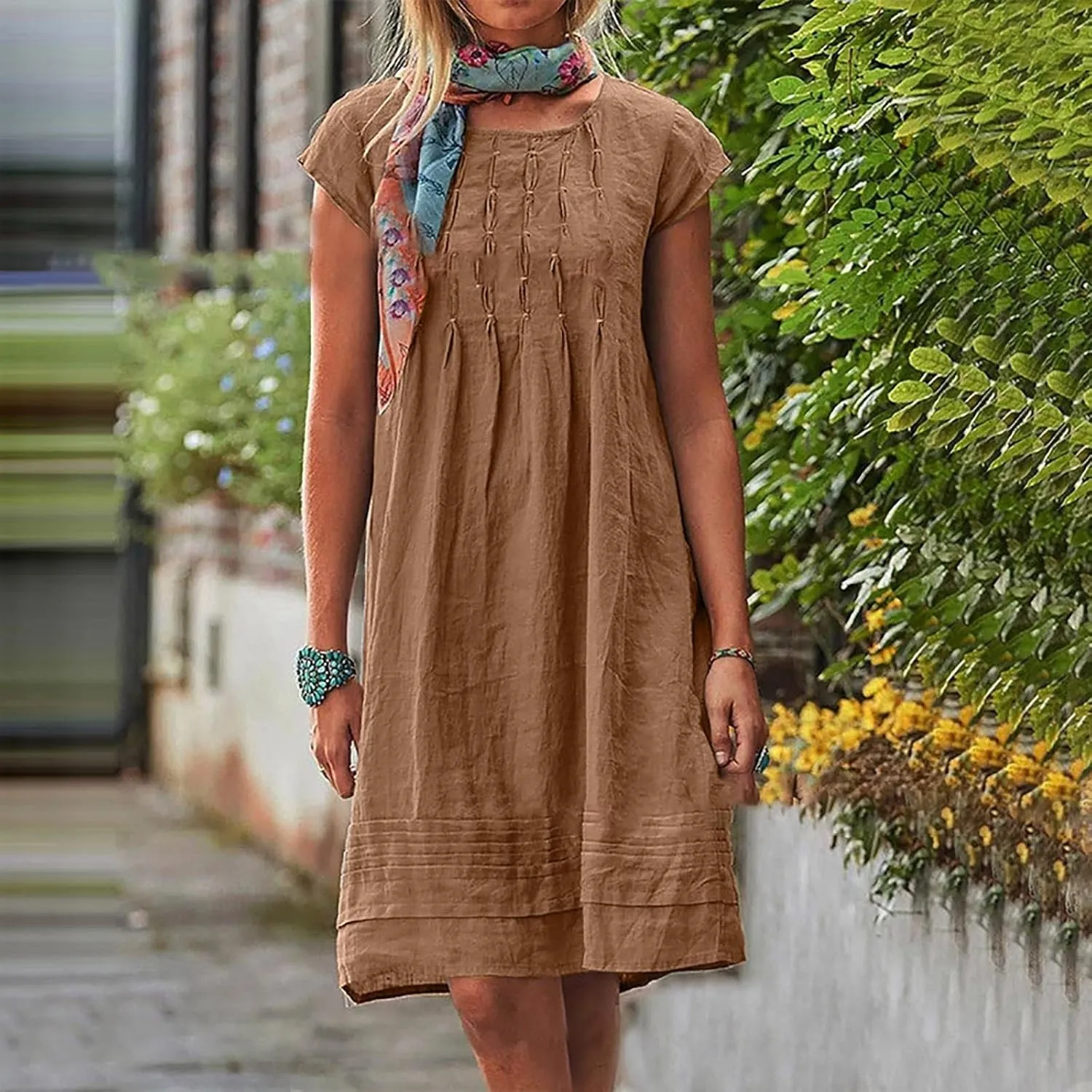 Linen Dress for Women Round Neck Short Sleeve Knee Length Sundress Pleated Summer Beach Vacation Casual Dresses 2025