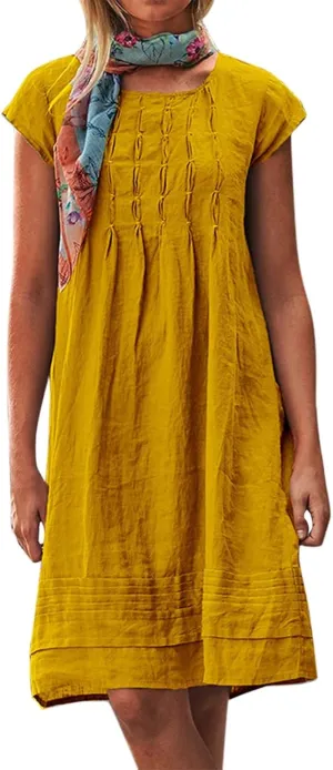 Linen Dress for Women Round Neck Short Sleeve Knee Length Sundress Pleated Summer Beach Vacation Casual Dresses 2025