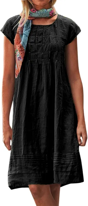 Linen Dress for Women Round Neck Short Sleeve Knee Length Sundress Pleated Summer Beach Vacation Casual Dresses 2025