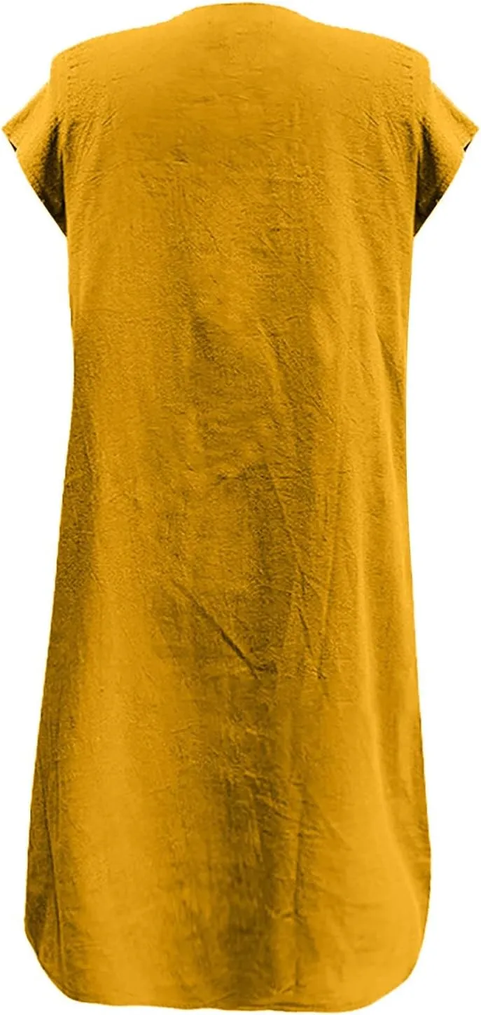 Linen Dress for Women Round Neck Short Sleeve Knee Length Sundress Pleated Summer Beach Vacation Casual Dresses 2025