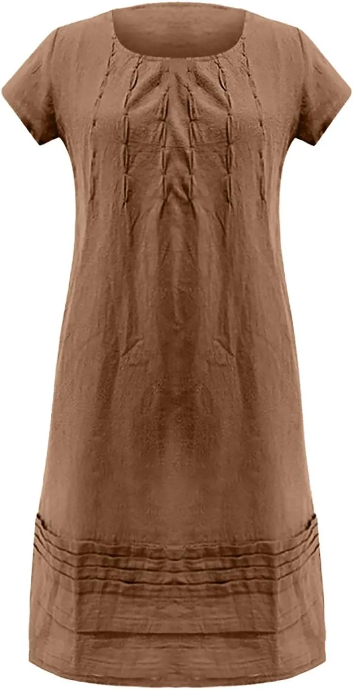 Linen Dress for Women Round Neck Short Sleeve Knee Length Sundress Pleated Summer Beach Vacation Casual Dresses 2025
