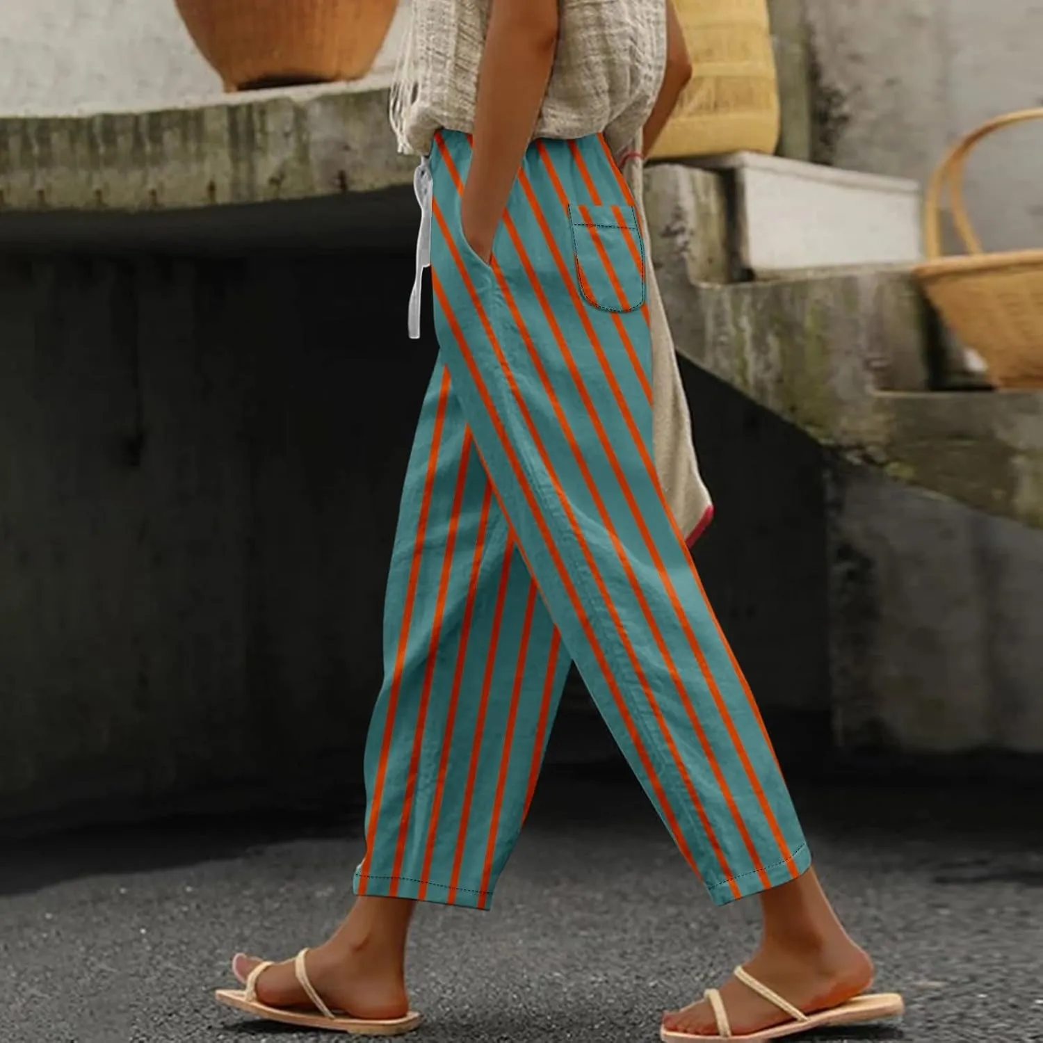 Linen Pants for Women Vacation Drawstring Casual Work Pants Solid Summer Trousers Lounge Fashion with Pockets Outfit