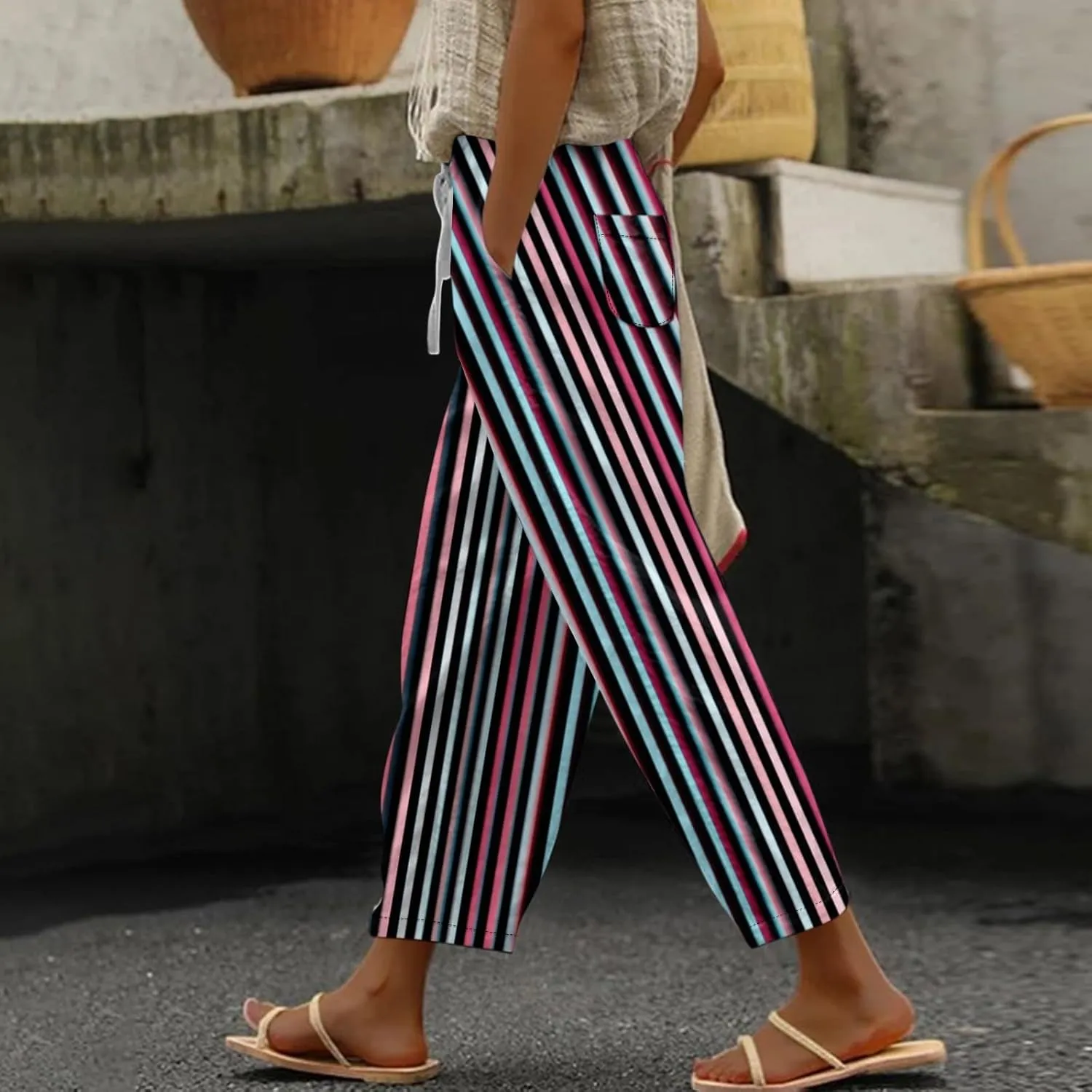 Linen Pants for Women Vacation Drawstring Casual Work Pants Solid Summer Trousers Lounge Fashion with Pockets Outfit