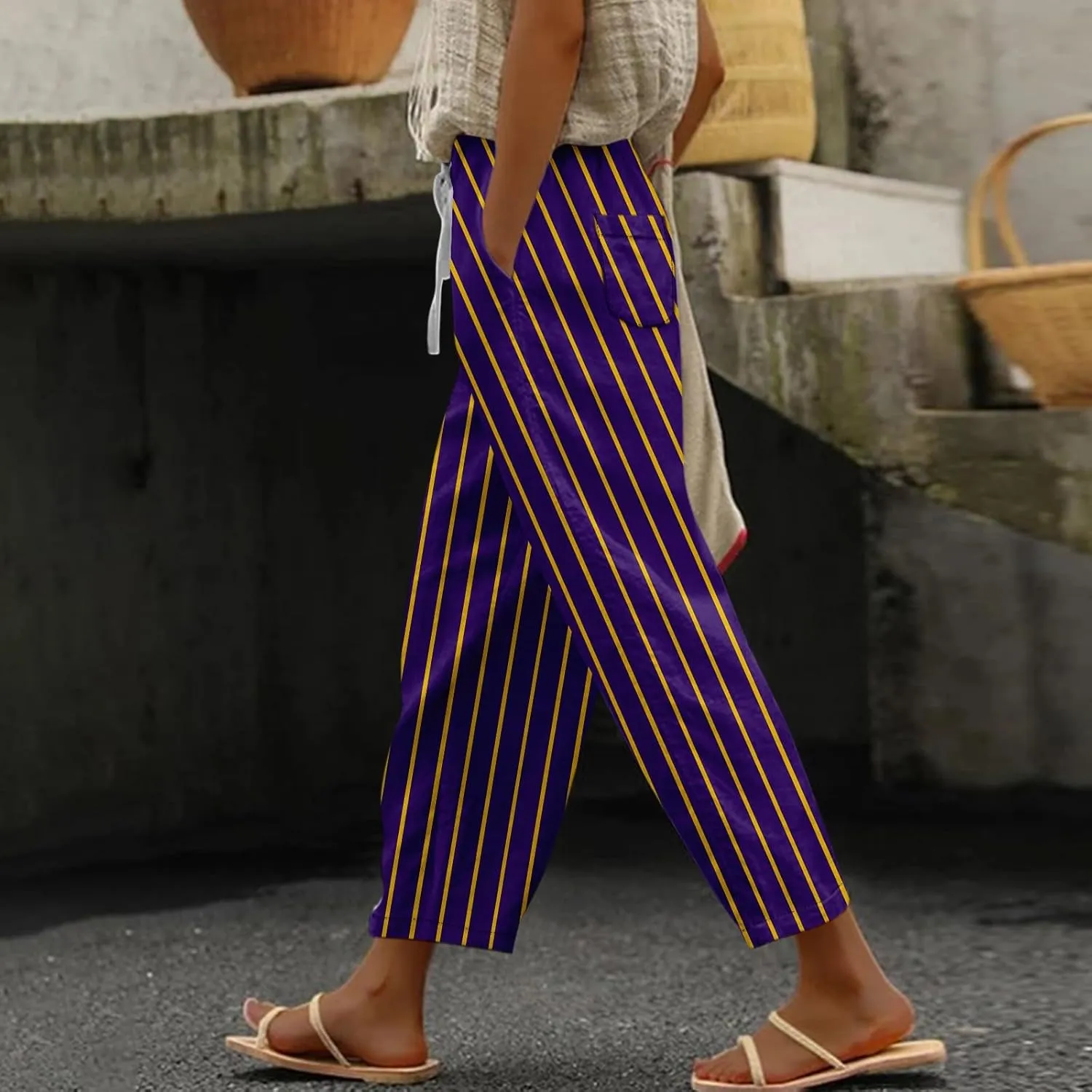 Linen Pants for Women Vacation Drawstring Casual Work Pants Solid Summer Trousers Lounge Fashion with Pockets Outfit